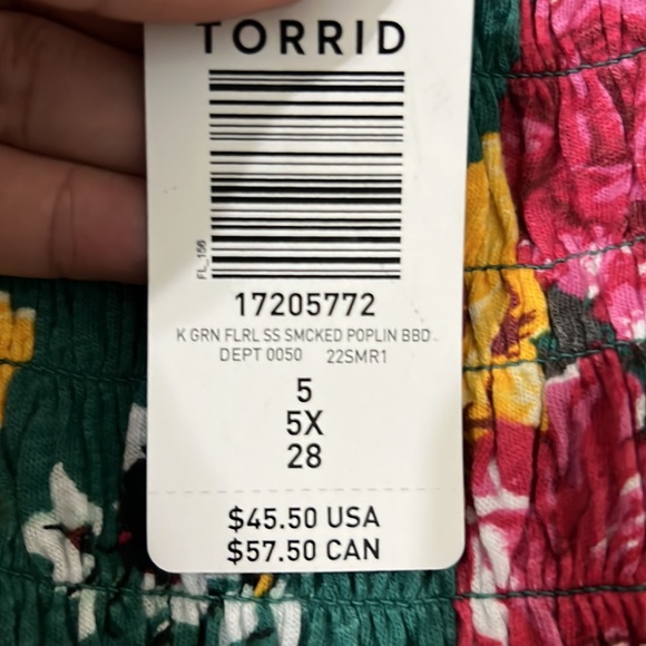 NWT Torrid Green Floral Smocked Poplin Babydoll Puff Sleeve Blouse Size 5 (28) - Picture 6 of 8